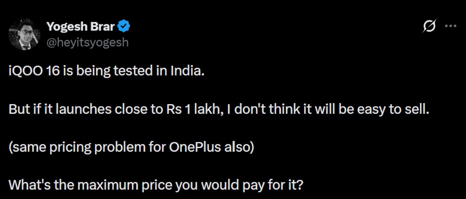 iQOO 16 India pricing tipped iQOO 16 India pricing tipped