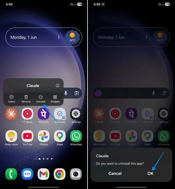 screenshot from a samsung phone showing how to delete apps