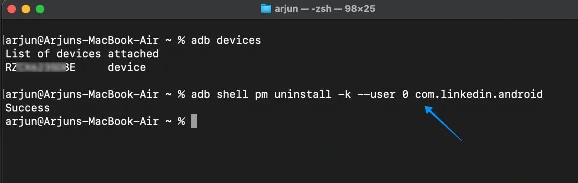 screenshot from a macbook showing how to uninstall bloatware from samsung phone using adb command