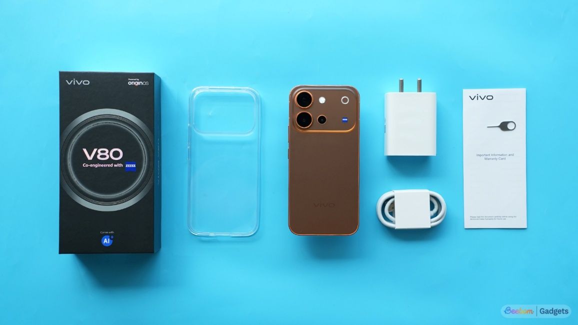 Box contents of the Vivo V80 including charger, case, and phone