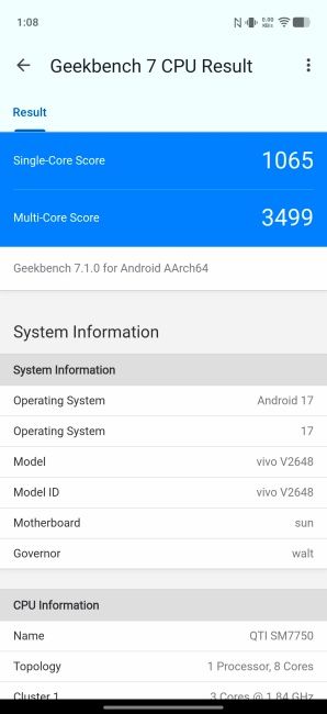 Vivo V80's Geekbench 7 CPU score