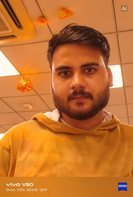 Indoor selfie shot with Diwali AI frame feature captured on Vivo V80 front camera