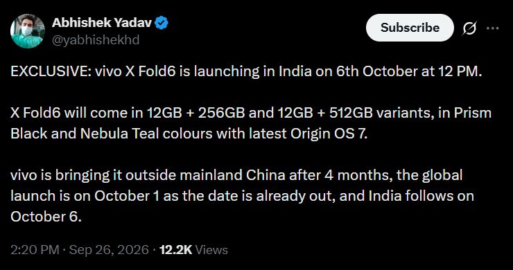Vivo X Fold 6 launch date in India tipped in X post screenshot