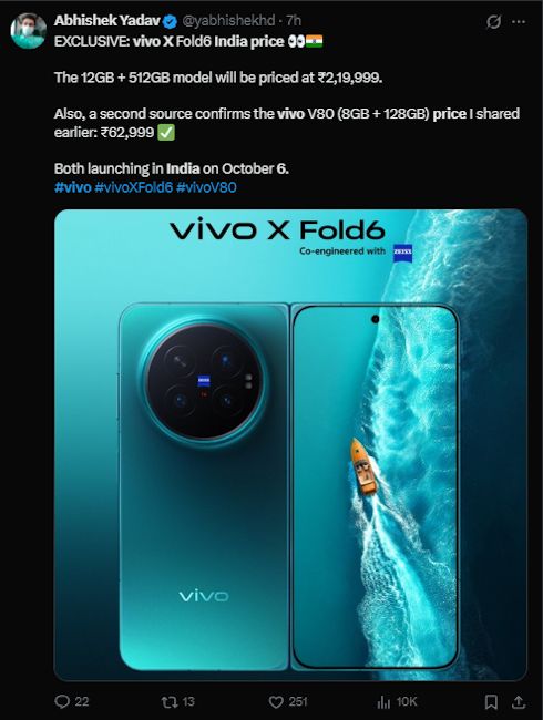 Vivo X Fold 6 price in India leaked in X post screenshot Vivo X Fold 6 price in India leaked in X post screenshot
