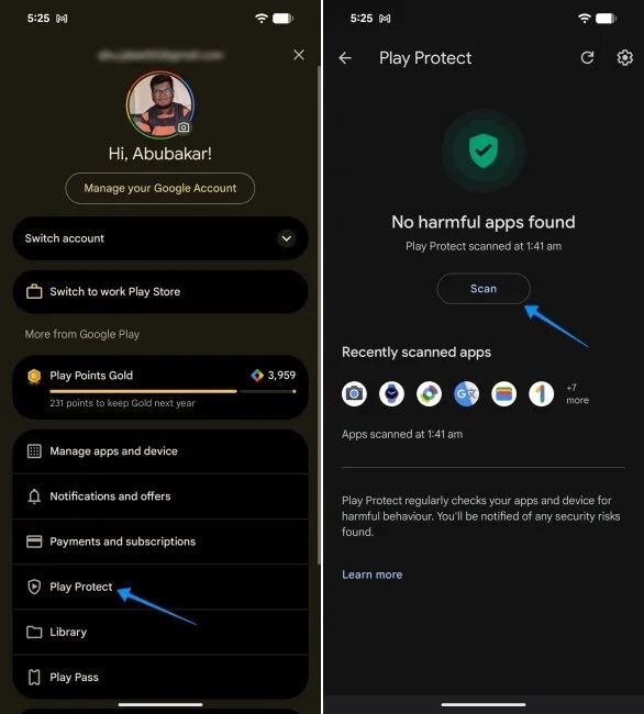 Scanning for malware using Google Play Protect