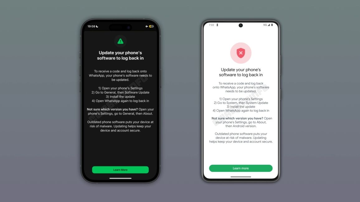 WhatsApp running on a phone with update warnings for unsupported operating systems WhatsApp running on a phone with update warnings for unsupported operating systems