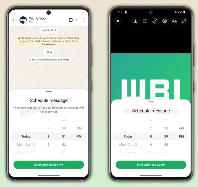 WhatsApp scheduling in action with message and media options WhatsApp scheduling in action with message and media options
