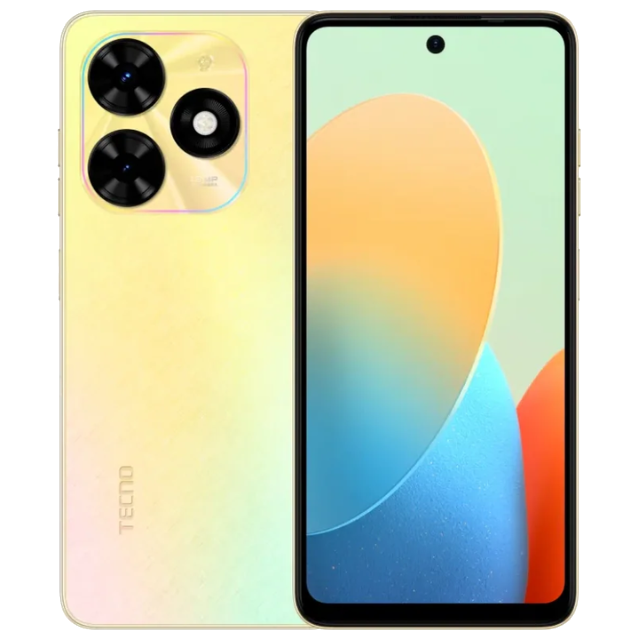 Tecno Pop 8 front and back Alpenglow Gold