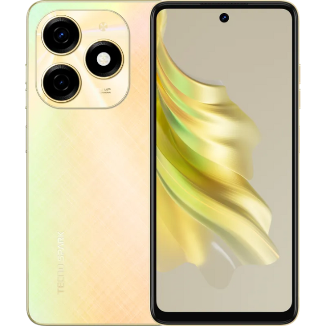 Tecno Spark 20 front and back in Neon Gold