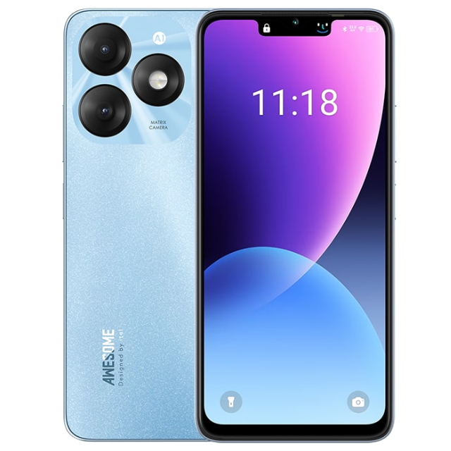 itel A70 Azure Blue Front and Back