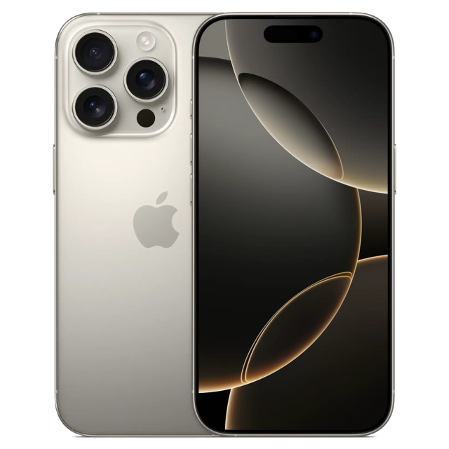 Apple iPhone 16 Pro front and back in Natural Titanium