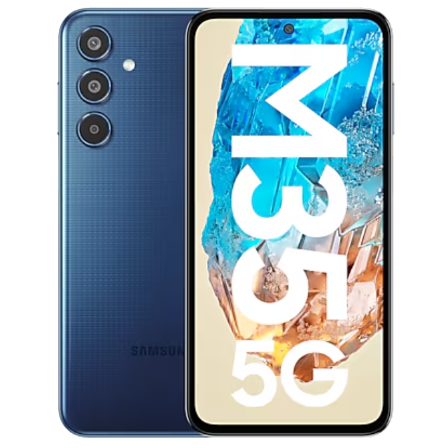 Samsung Galaxy M35 5G front and back in Moonlight Blue