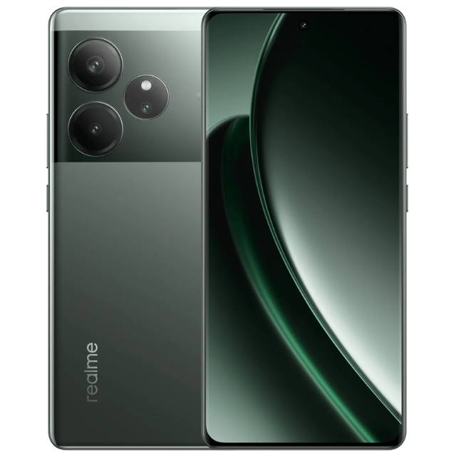 Realme GT 6 front and back in Razor Green