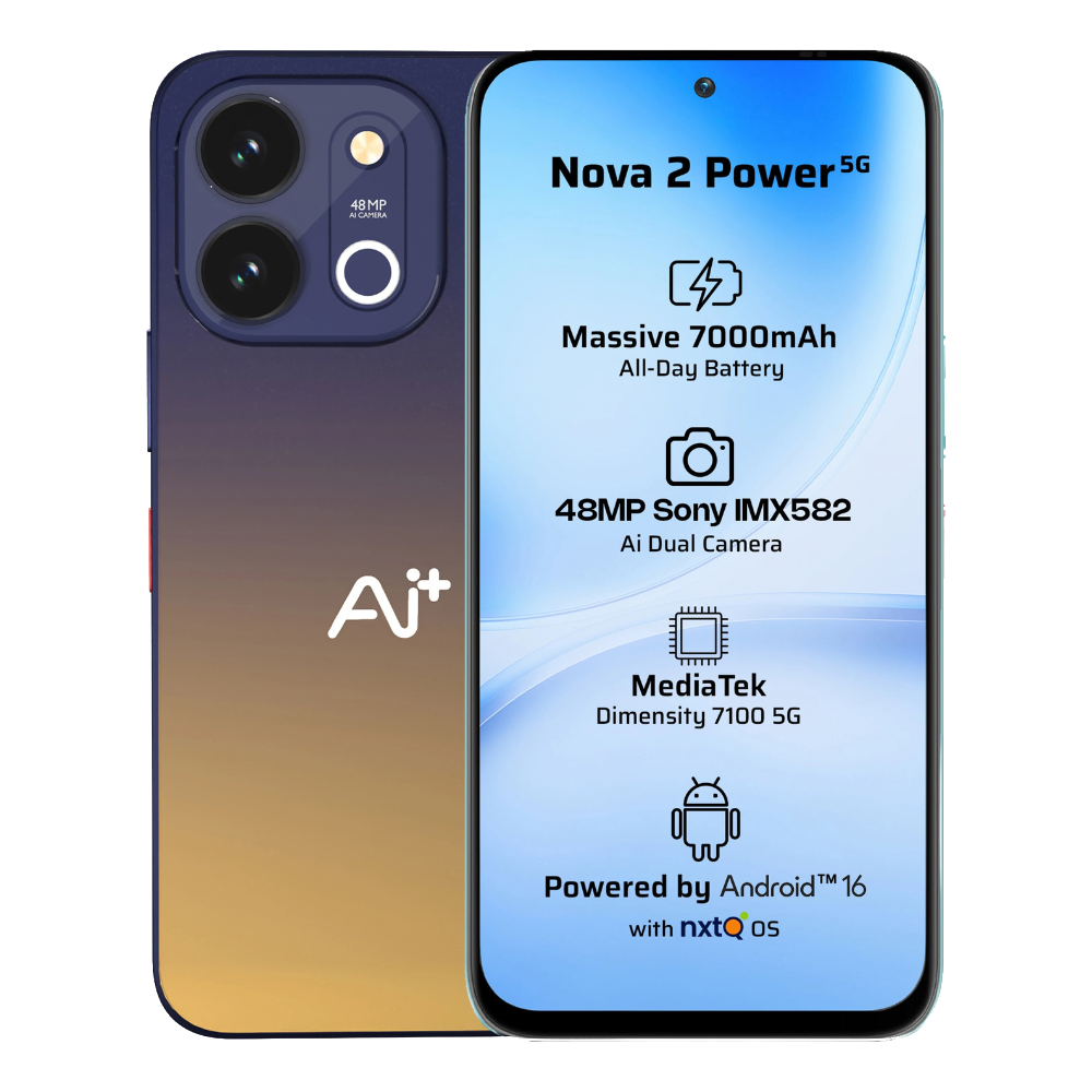 Ai+ Nova 2 Power 5G Golden Blue Fusion Front and Back View 