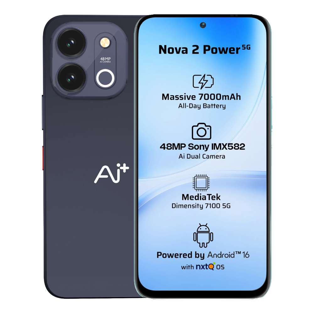 Ai+ Nova 2 Power 5G Midnight Black Front and Back View 