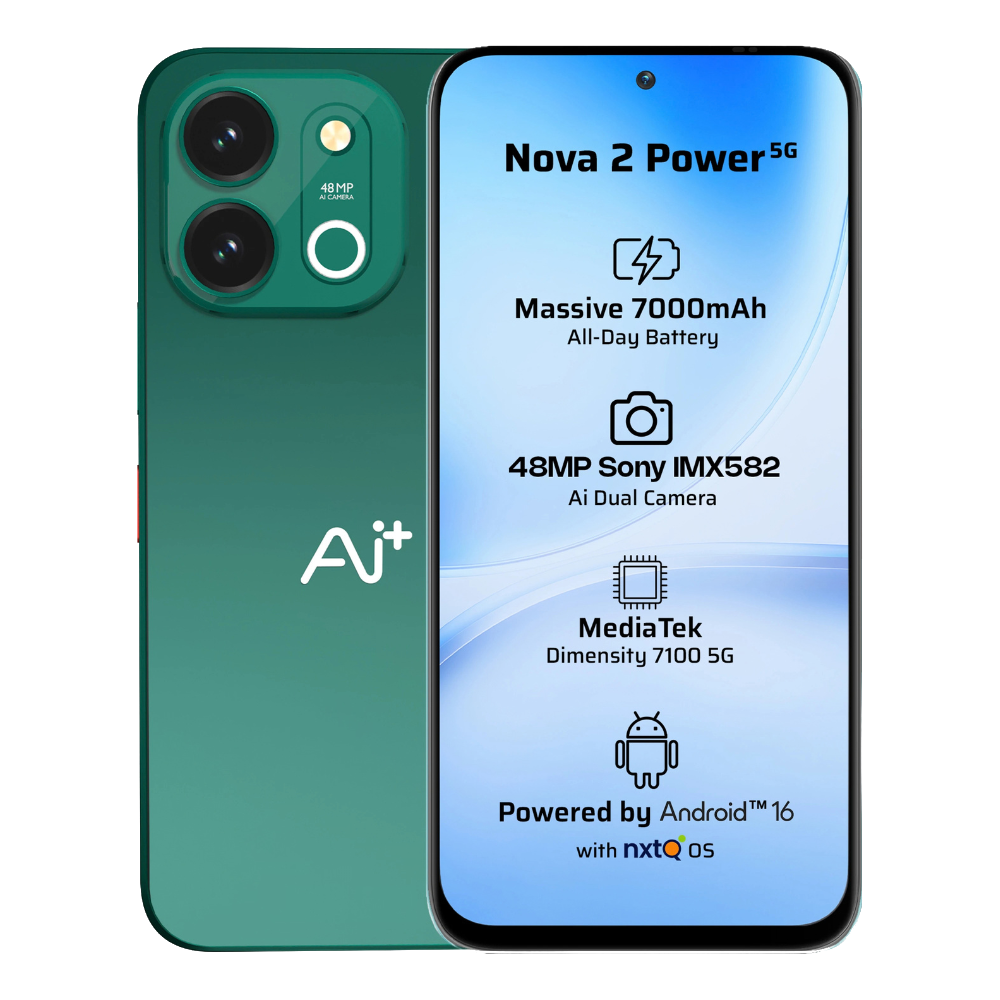 Ai+ Nova 2 Power 5G Ocean Green Front and Back View 