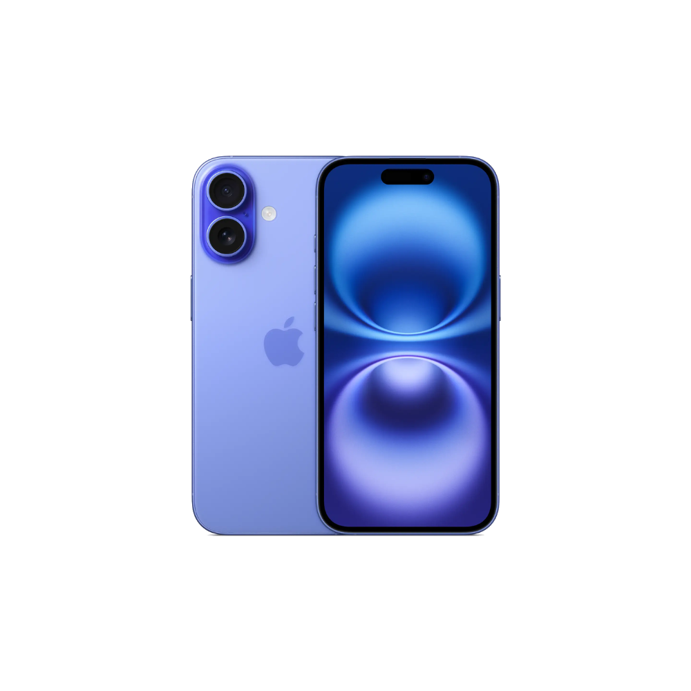 Apple iPhone 16 front and back in Ultramarine