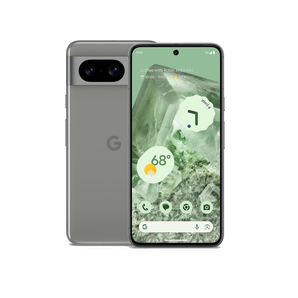 Google Pixel 8 front and back in Hazel