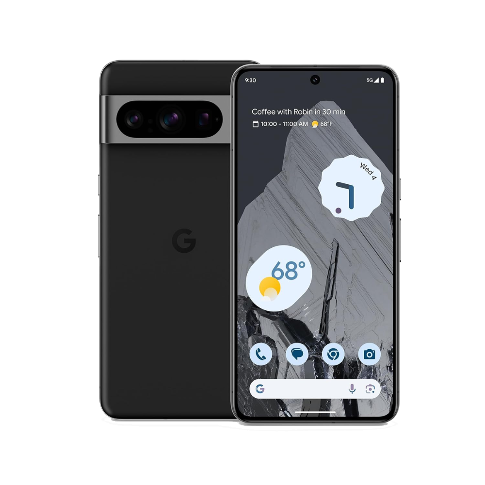 Google Pixel 8 Pro front and back in Obsidian