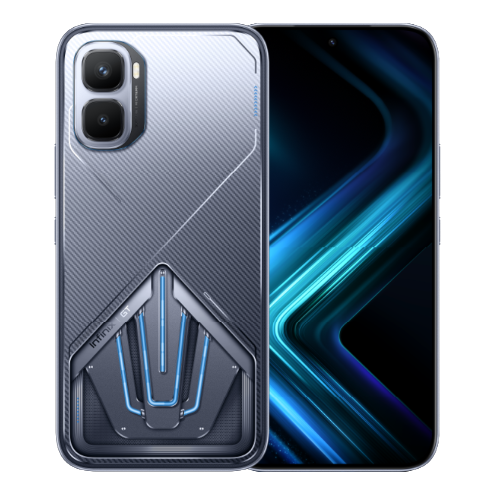 Infinix GT 50 Pro 5G front and back in Silver Glacier