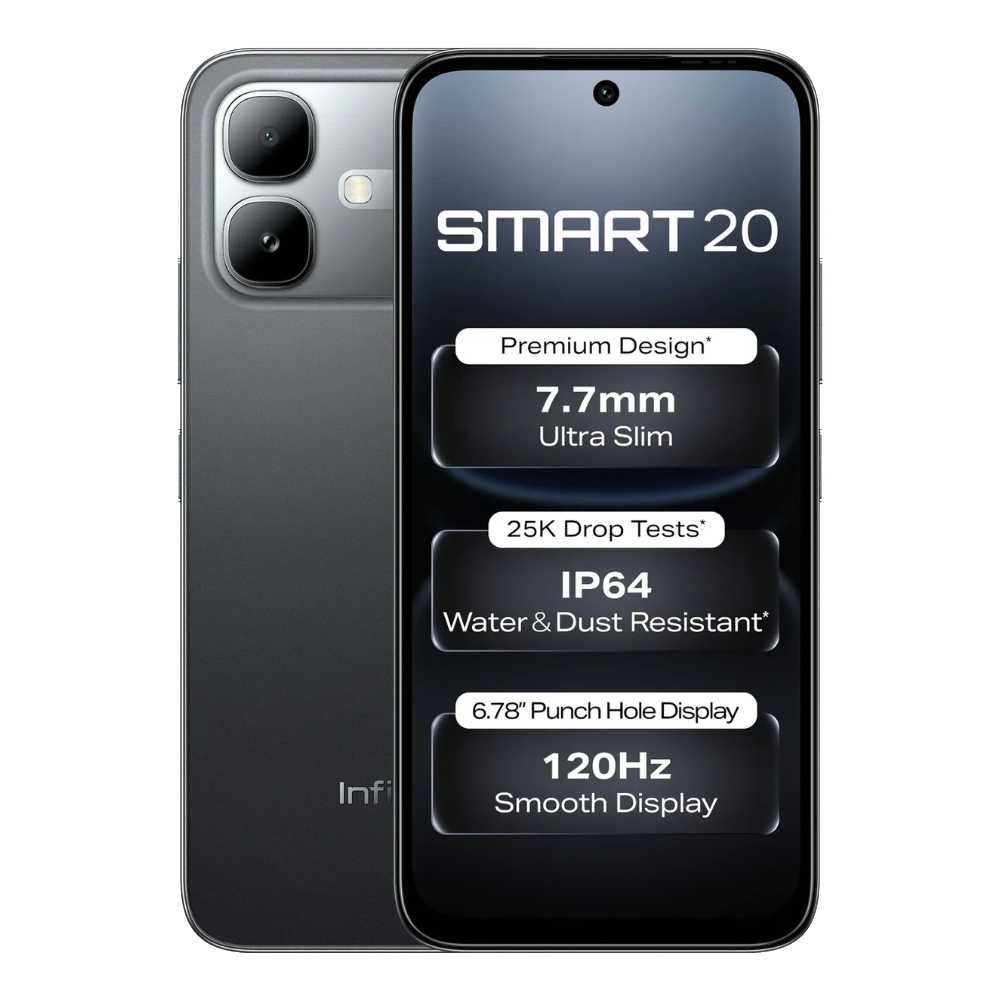 Infinix Smart 20 front and back in Shadow Black