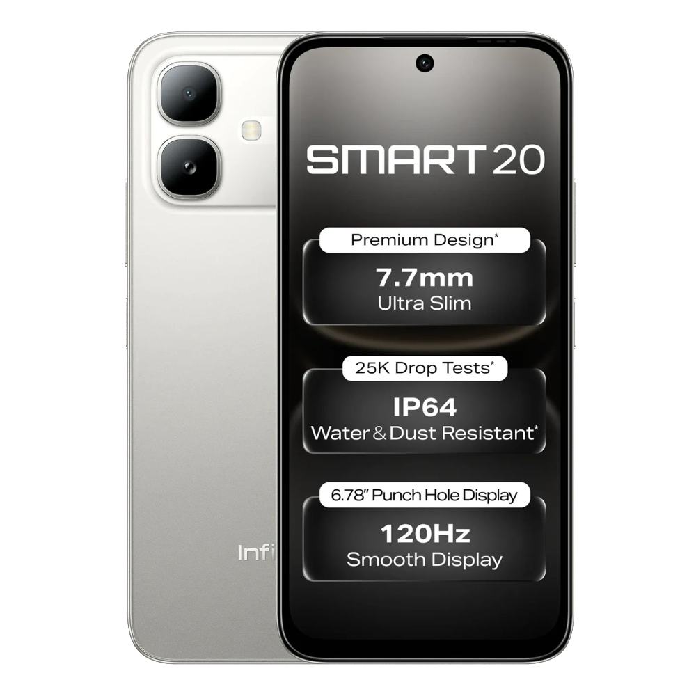 Infinix Smart 20 front and back in Polaris Titanium