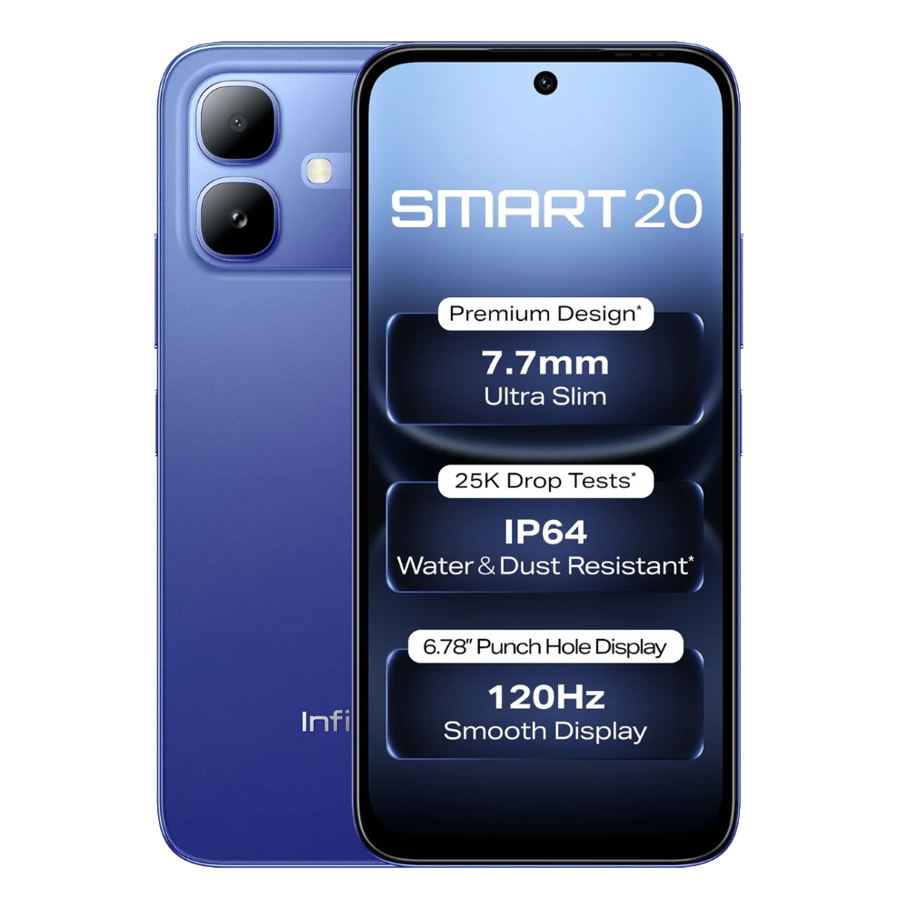 Infinix Smart 20 front and back in Cloudline Blue