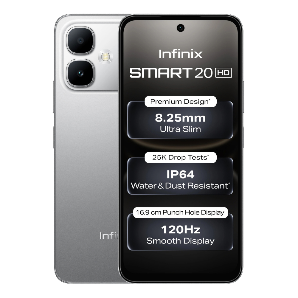 Infinix Smart 20 HD Silver Dancer Front and Back View
