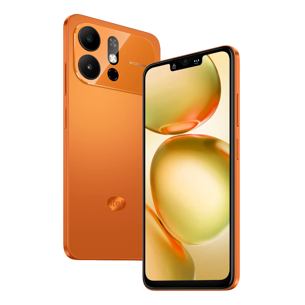 Itel A100 Pro Front Back and Side in Comet Orange