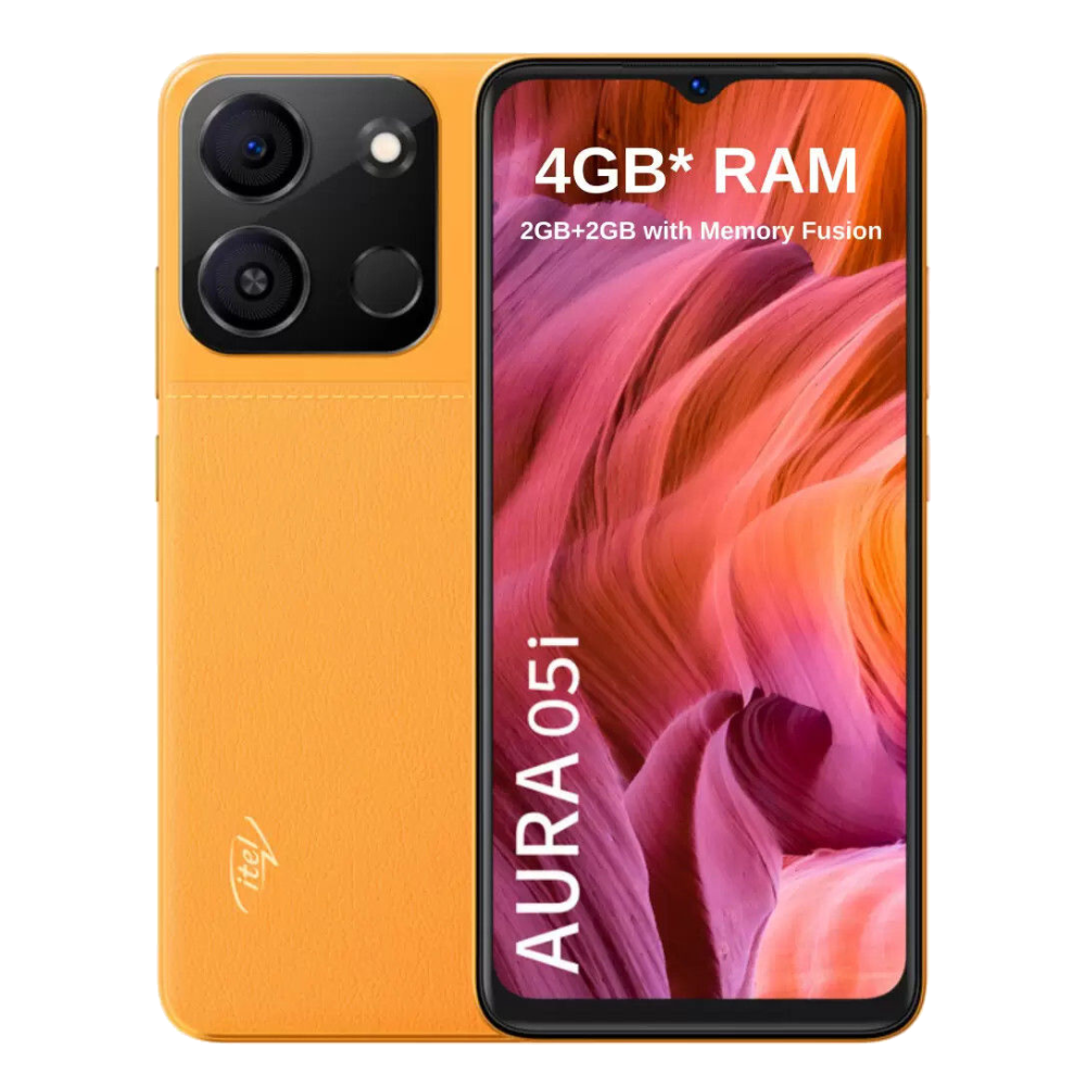 Itel Aura 05i front back Glorious Orange