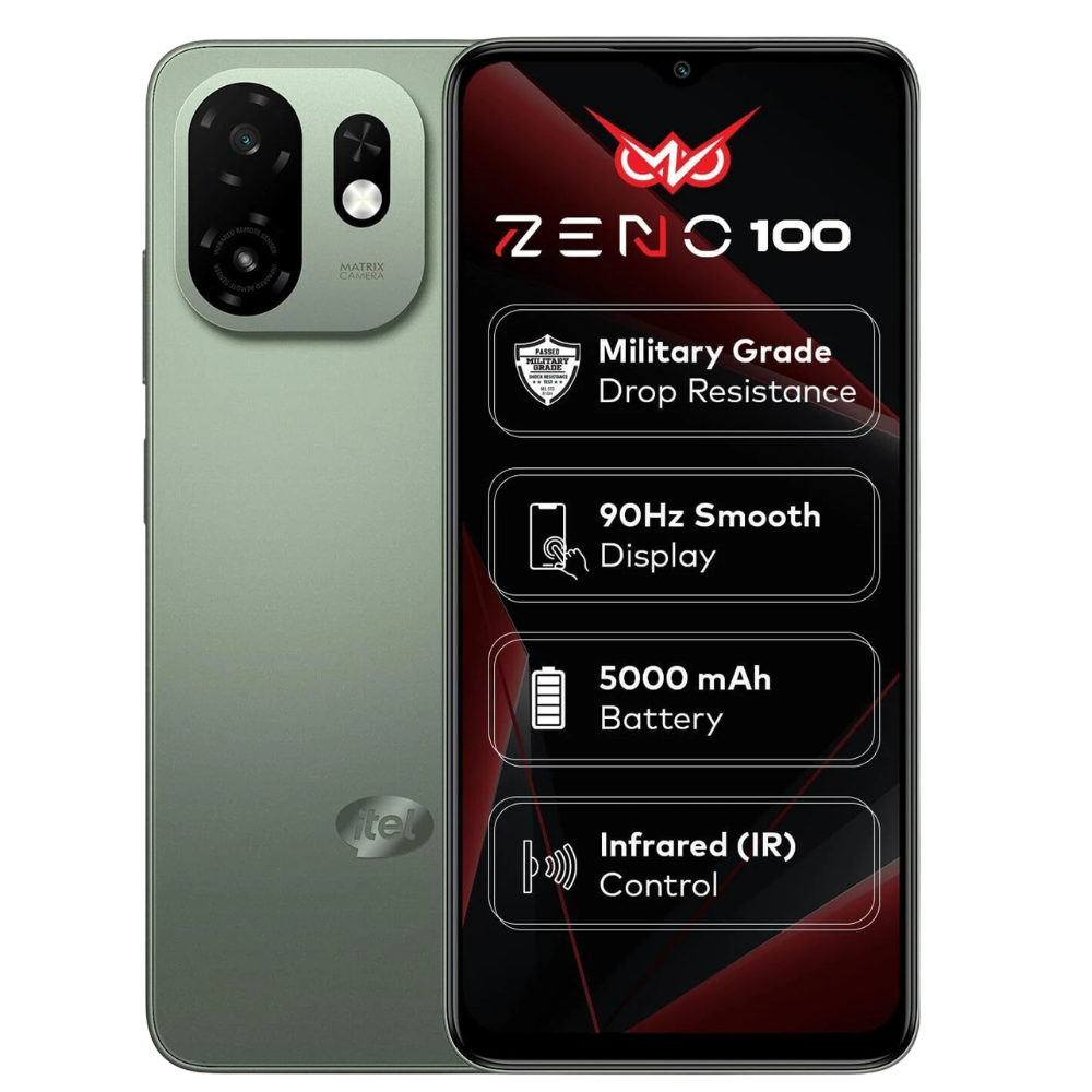 Itel Zeno 100 Silk Green Front and Back View