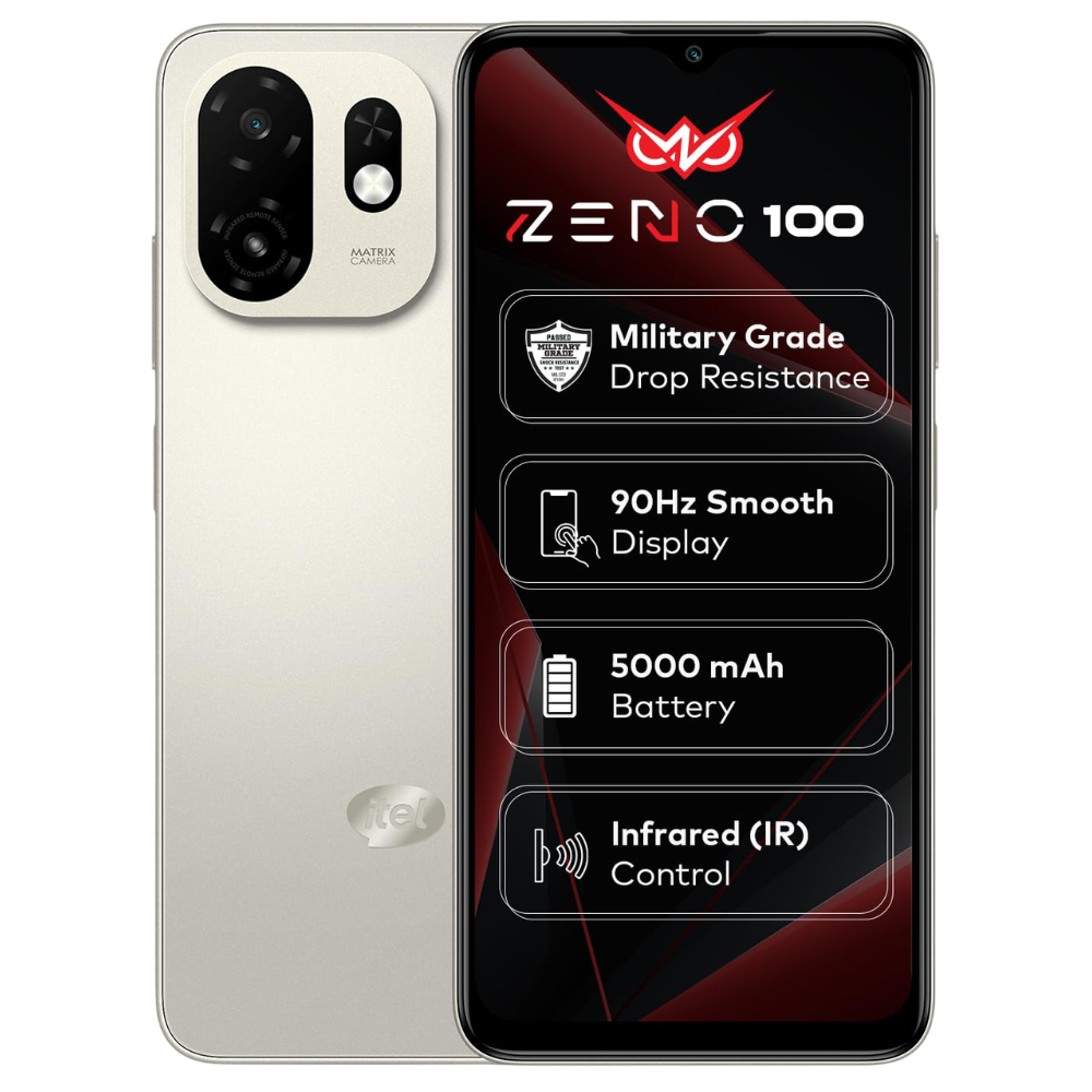 Itel Zeno 100 Titanium Gold Front and Back View