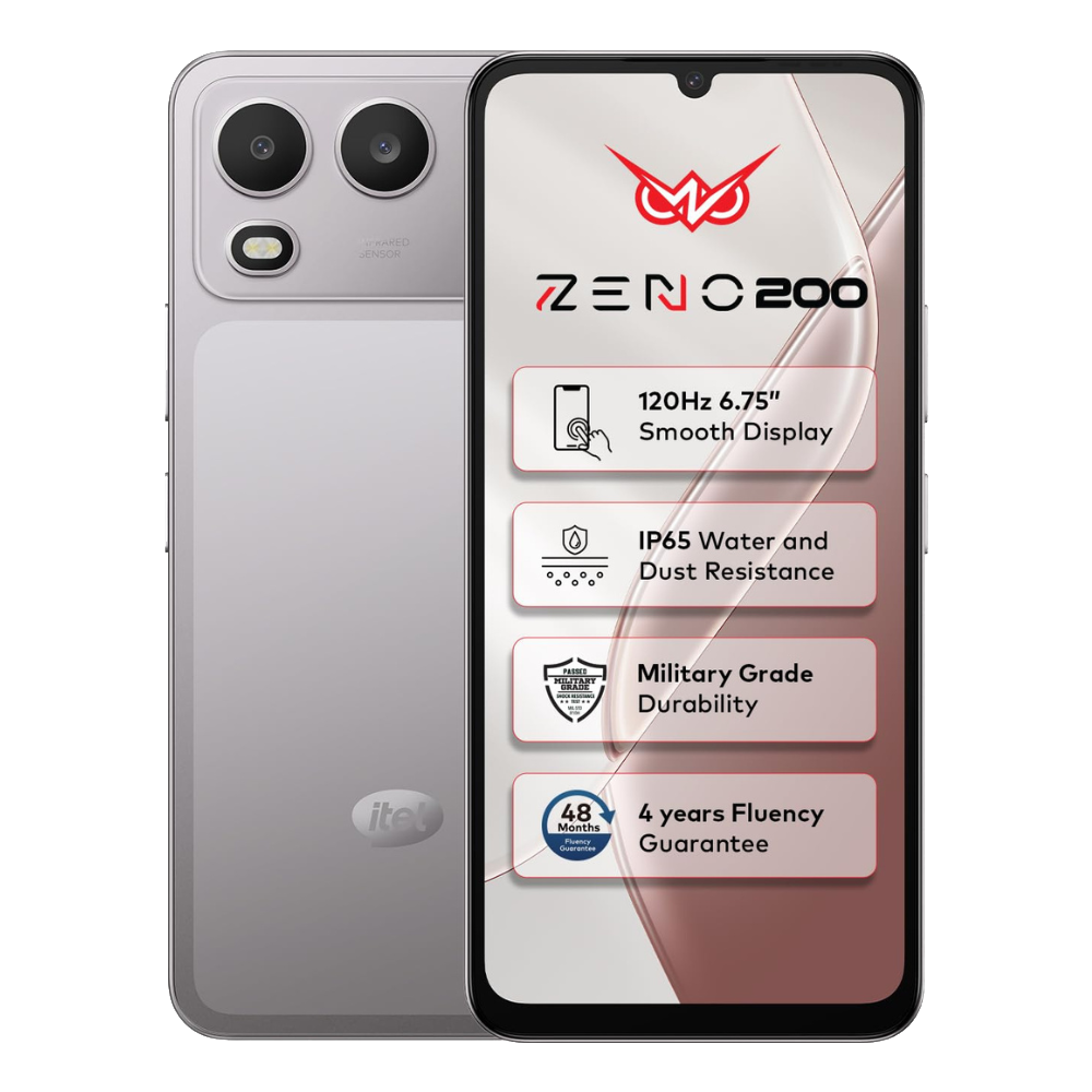 Itel Zeno 200 front and back in Meteor Titanium