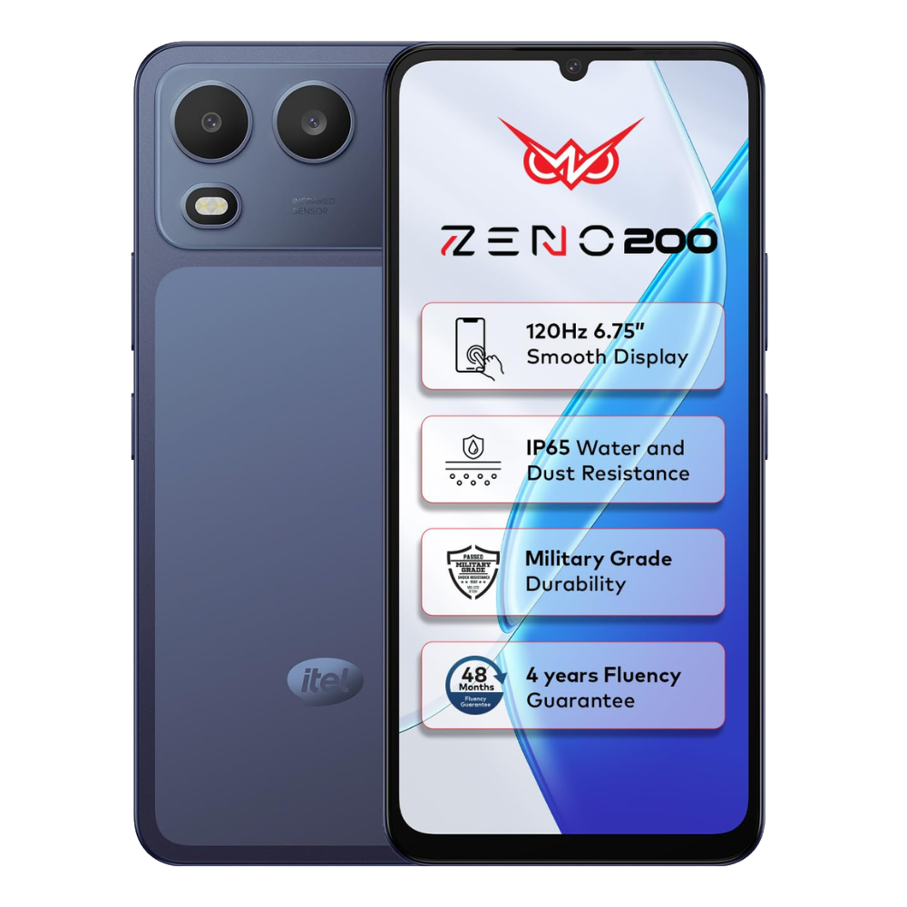 Itel Zeno 200 front and back in Nightly Blue