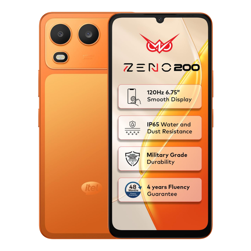 Itel Zeno 200 front and back in Comet Orange