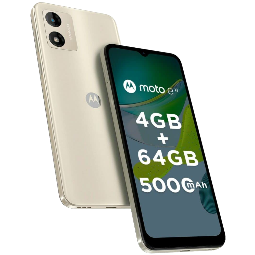 Moto E13 front and back in Creamy White