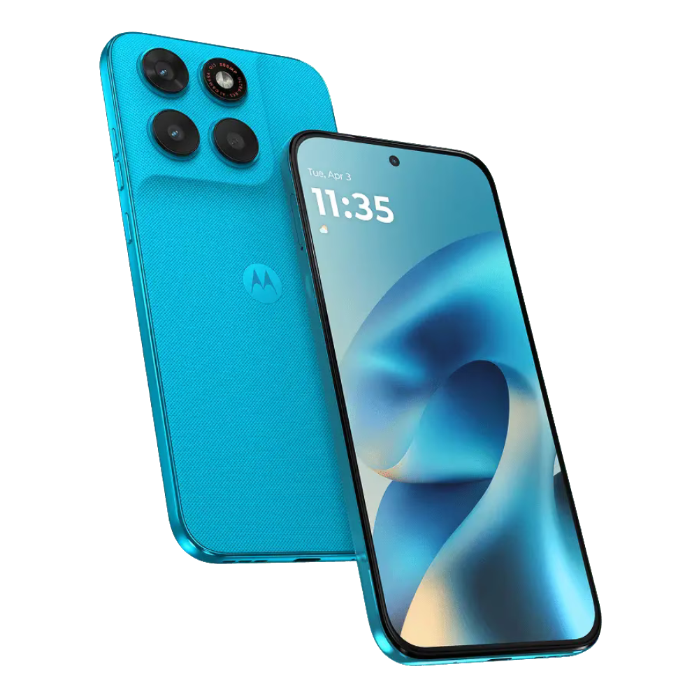 Moto G87 front and back in PANTONE Blue Atoll
