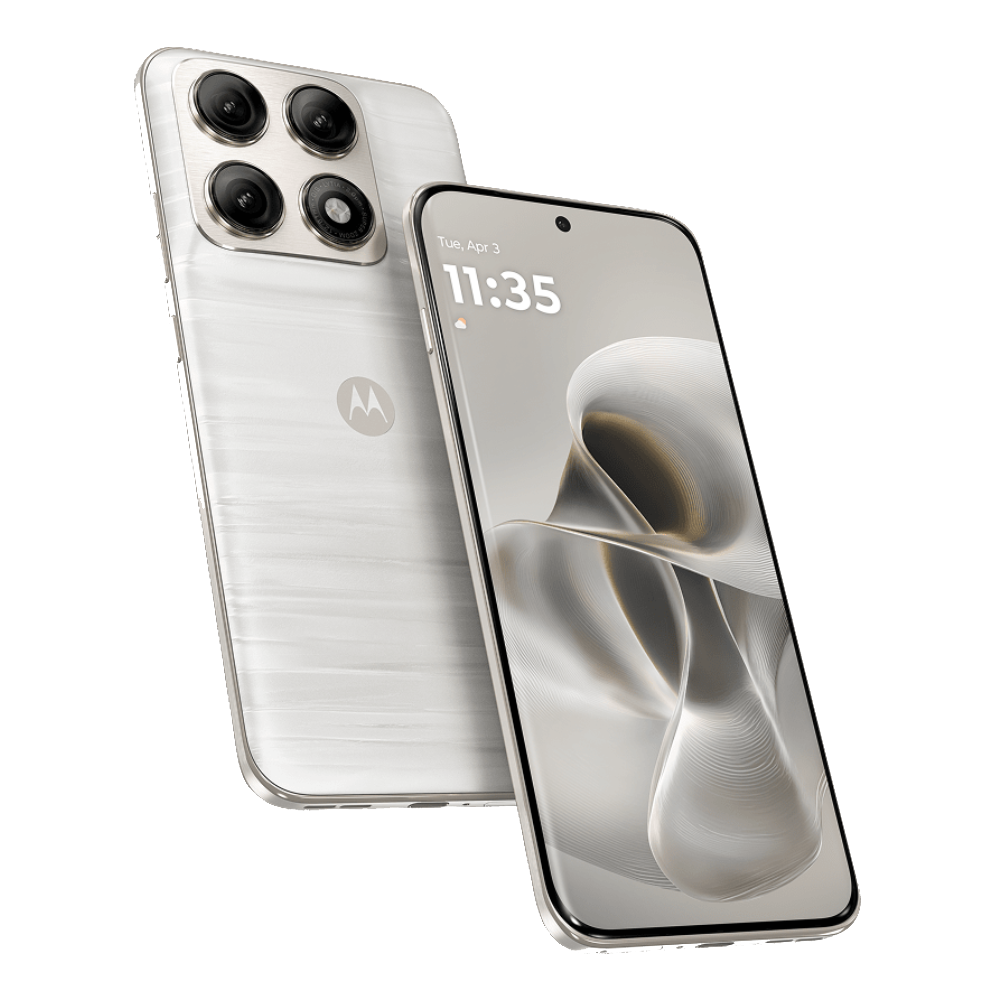 Motorola Edge 70 Pro front and back in PANTONE Lily White