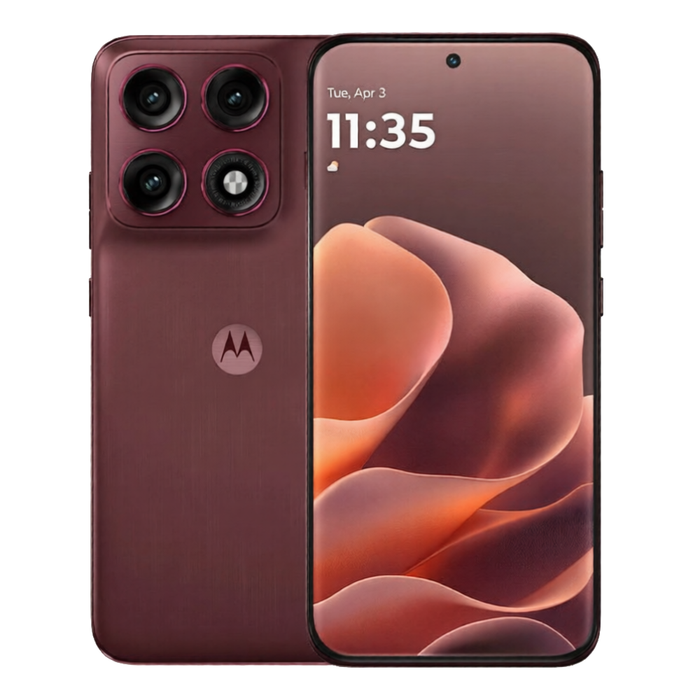 Motorola Edge 70 Pro front and back in Pantone Zinfande