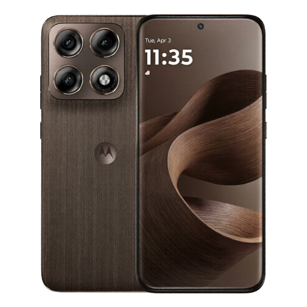 Motorola Edge 70 Pro front and back in wood-textured