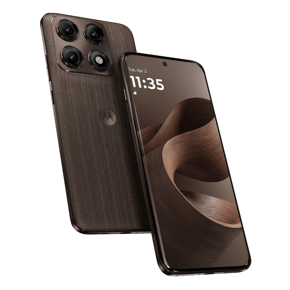 Motorola Edge 70 Pro Plus Front and Back in PANTONE Chicory Coffee (Wood)