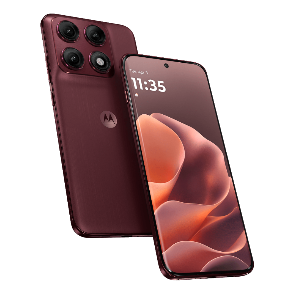 Motorola Edge 70 Pro Plus Front and Back in PANTONE Zinfandel (Red)