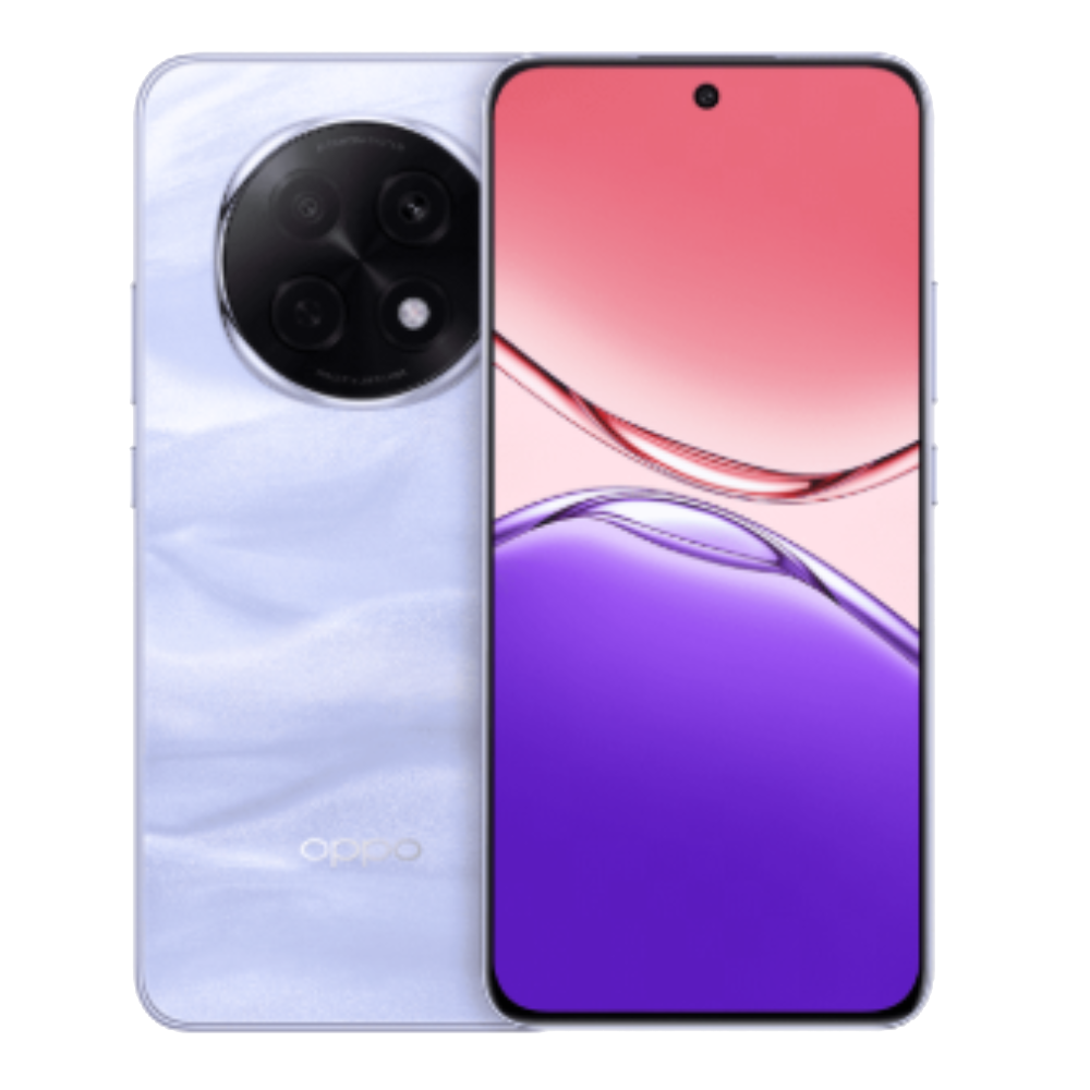 Oppo A5 Pro 5G front and back in Sandstone Purple