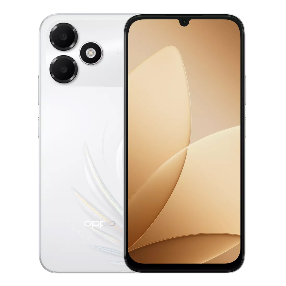 Oppo A6c front and back in Feather White