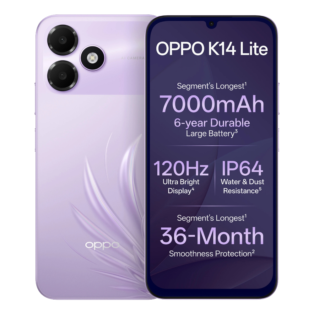 Oppo K14 Lite Feather Purple Front and Back View