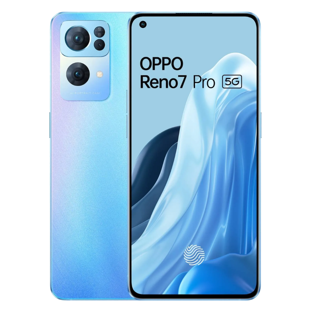 OPPO Reno7 Pro 5G front and back in Startrails Blue