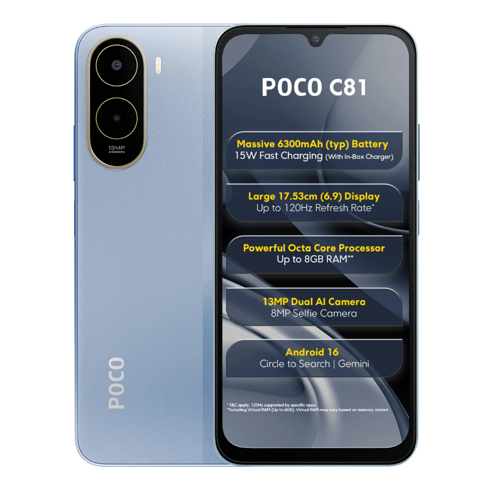 POCO C81 front and back in Ice Blue