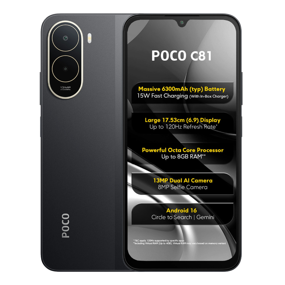 POCO C81 front and back in Elite Black