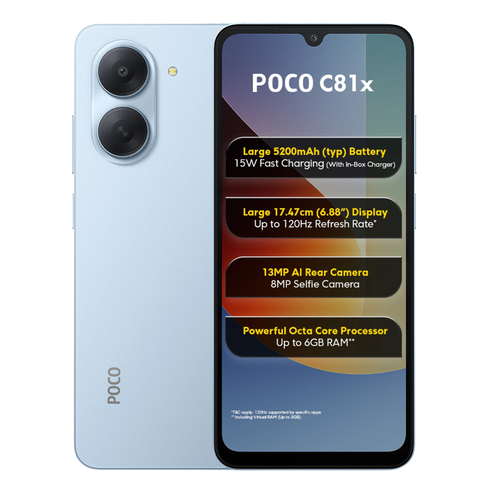 POCO C81x front and back in Ice Blue