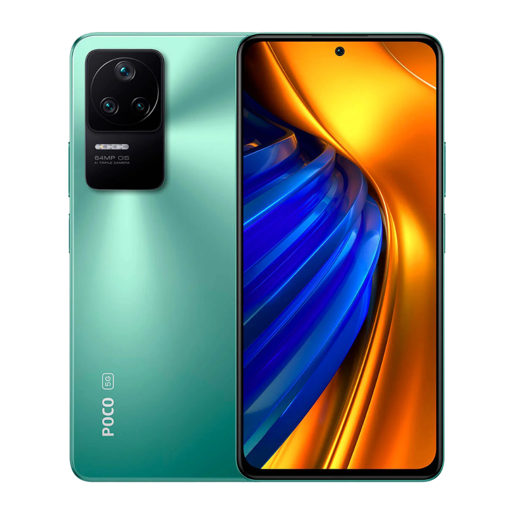 Poco F4 front and back in Nebula Green